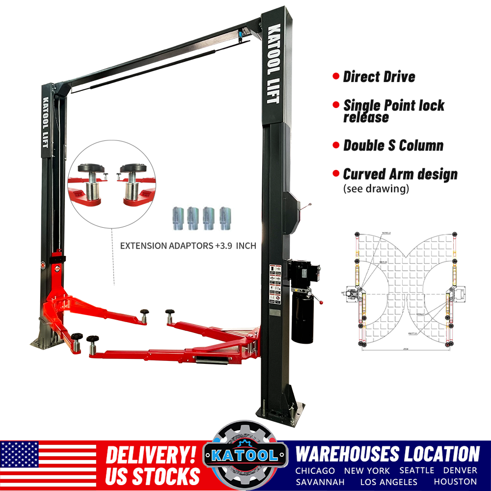 KATOOL KT-AS110D 11000 lbs. Clear Floor Two Post Lift - Direct Drive and Assymetric Arms - Image 3